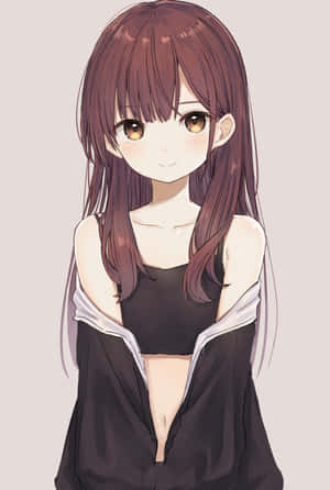 棕色頭髮和溫暖眼睛的動漫女孩，穿著黑色連帽衫微笑。