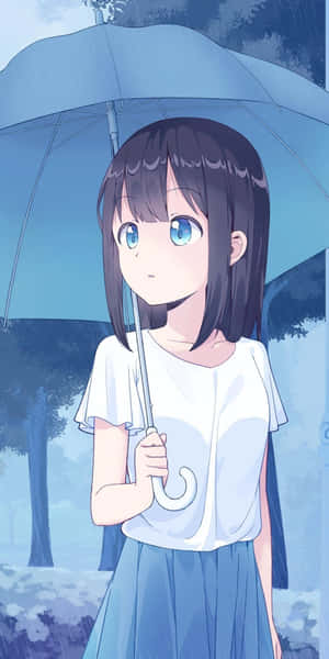 動漫女孩在雨林場景中撐著藍色雨傘。