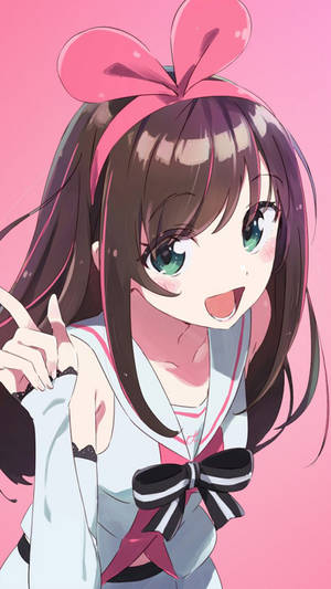動畫女孩，棕色頭髮和綠色眼睛，戴著粉紅色蝴蝶結和水手服，燦爛微笑。