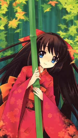 紅衣和服動漫女孩在秋日竹林中手持竹子。