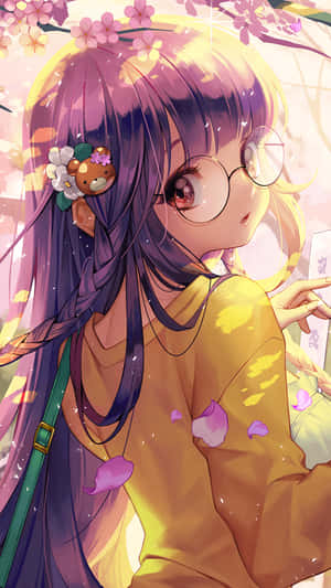 動漫女孩紫色頭髮戴眼鏡，櫻花下穿黃色毛衣。