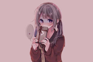 動漫女孩害羞地臉紅，同時將禮物盒靠近臉龐。 — 可愛少女風gif 壁紙