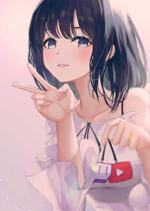 動漫女孩拿著YouTube袋並在粉紅色背景下做出和平手勢。 — 可愛少女風gif 壁紙