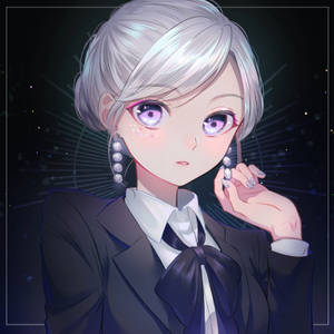 銀髮紫眼的動漫女孩，穿著深色西裝，站在星空背景下。