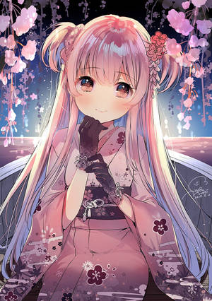 夜晚在櫻花天篷下穿著粉紅色和服的動漫女孩 — 粉紅動漫美學 壁紙