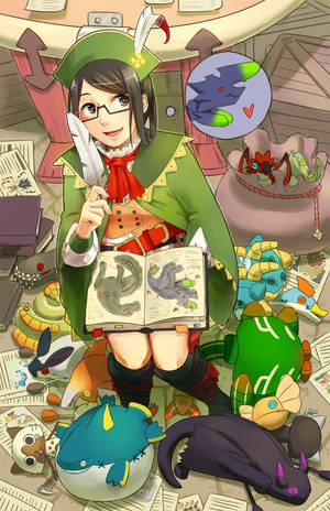 穿著探險家服裝的動畫女孩，被奇幻生物和怪物草圖包圍。