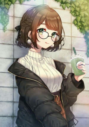 戴眼鏡的動漫女孩拿著綠色飲料靠在有藤蔓的瓷磚牆上