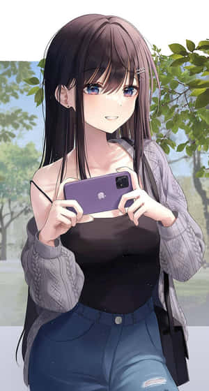 動漫女孩拿著紫色手機在戶外微笑，旁邊有綠樹。