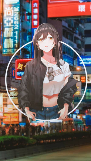 夜晚霓虹城市中的動漫女孩，身穿黑色外套和太陽眼鏡