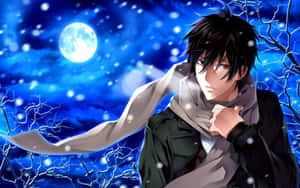 雪夜中光禿樹木和滿月下戴圍巾的動漫男孩 — 動漫男孩 壁紙