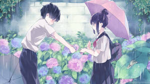 兩個動畫青少年在雨中的花園裡，在紫色雨傘下交換花朵。 — 動畫小孩 壁紙
