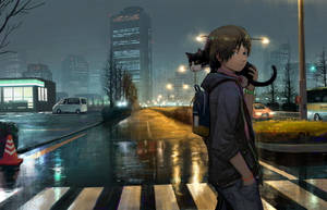 肩上有一隻貓的少年在雨夜中穿越城市街道。 — 可愛 壁紙