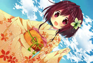 可愛動漫角色Chibi Chibi，穿著和服，頭戴花朵，笑容燦爛