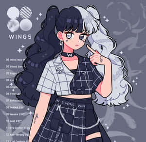 穿著格紋服裝的動漫女孩，黑白色頭髮，羽毛背景，指向觀眾。