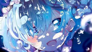 藍色頭髮和氣泡的動漫女孩在水中的夢幻場景。 — 美學 壁紙