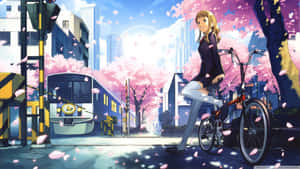 動畫女孩在單車上，在櫻花下，火車在城市中經過。