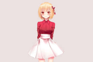 金髮紅眼的動漫女孩，穿著紅色襯衫和白色裙子