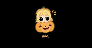 可愛的金髮小蘿莉從南瓜燈裡探出頭來，背景是黑色，帶有「BOO.」文字。 — 南瓜 壁紙