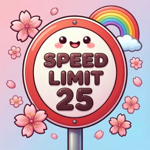一個帶有櫻花和彩虹的笑臉時速限制25標誌。