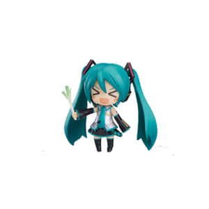Q版初音未來公仔拿著蔥，戴著耳機和藍綠色雙馬尾。 — 可愛動漫女仔 壁紙