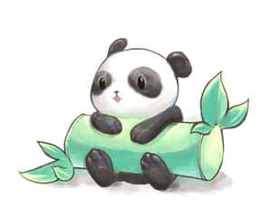 一隻有著美人魚尾巴的卡通熊貓坐在竹子上。