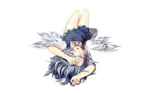 藍髮動漫少女帶著水晶翅膀倒掛著，姿勢寧靜。