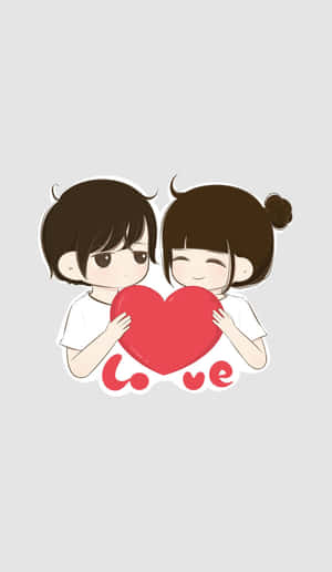 兩個微笑的卡通人物拿著一個紅色的心，下面有 love 字樣。 — Galaxy Tab A11 壁紙