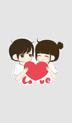 兩個卡通角色拿著一個紅心，下方有 love 字樣。 — 可愛情侶 GIF 壁紙