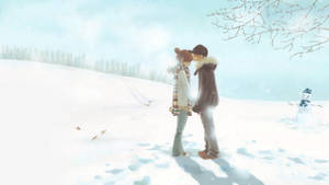 一對情侶在雪地裡接吻，附近有一個雪人。 — 可愛情侶 GIF 壁紙