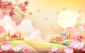異想天開的粉彩風景，有花朵、山丘、楓葉和發光的太陽光暈。 — 可愛卡通 壁紙