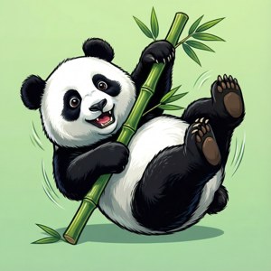一隻卡通熊貓帶著愉快表情拿著竹莖。