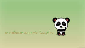 可愛的卡通熊貓在綠色背景上吃竹子，並帶有「A PANDA ATE MY WALLPAPER」文字。