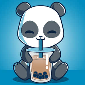 一隻卡通熊貓用吸管開心地喝珍珠奶茶。