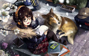 動漫女孩在雪地庭院裡與狗一起看書，周圍環繞著鮮花和書籍。 — 雪 壁紙