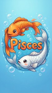 兩條卡通魚繞圈游動，配上「雙魚座」文字，可愛風格。 — 雙魚座 GIF 壁紙