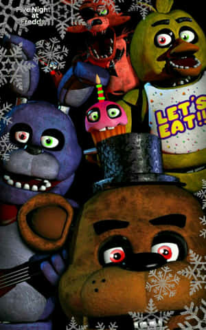 Freddy Fazbear 與機械動物、雪花和生日蛋糕。