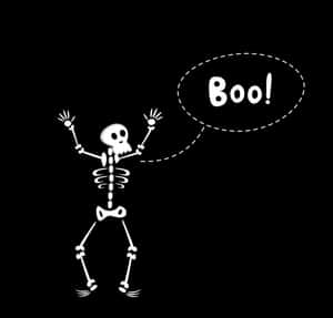 一個卡通骷髏舉起手臂，喺黑色背景上大叫 'Boo!'
