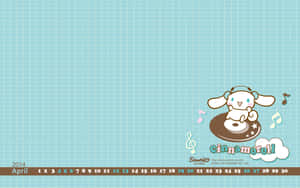 Cinnamoroll 卡通角色喺玉桂卷上面，格仔背景上有音符。