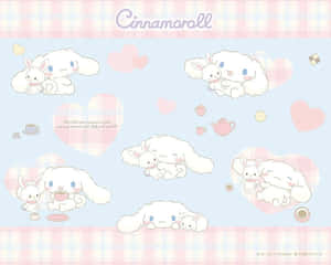 Cinnamoroll 和朋友們在粉彩格紋背景中依偎喝茶。