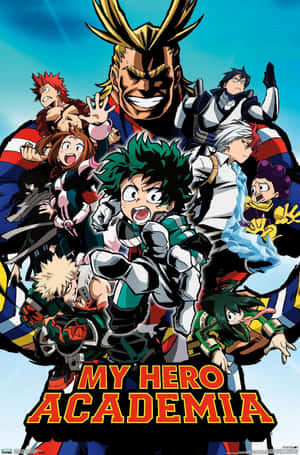 My Hero Academia 動畫角色以英雄姿勢搭配粗體標題。