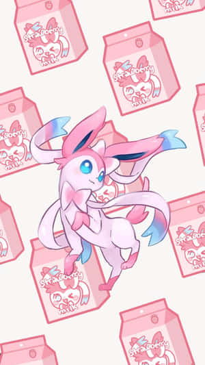 粉紅色動漫Sylveon在士多啤梨牛奶盒之間跳躍。