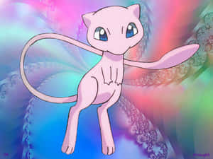 粉紅色動畫Mewtwo，藍色眼睛，背景係彩色分形漩渦。
