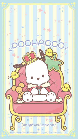 Pochacco戴著皇冠坐在寶座上，有小雞和星星祝賀。