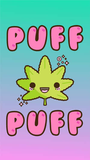 一片微笑的綠色楓葉，在 puff puff 字樣之間帶有閃光。 — 花卉 iPhone 壁紙
