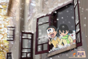 兩個小孩和一個機械人興奮地看著雪窗外面。 — 可愛 壁紙