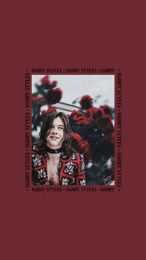 Harry Styles 穿著花卉外套微笑，周圍有紅花和他的名字重複。 — 美學哈利波特gif 壁紙