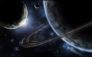 兩個帶有光環和星星的行星在浩瀚的太空之中。