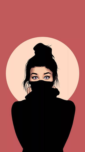 紫色眼睛的女性戴著黑色面罩，背景為粉紅色。