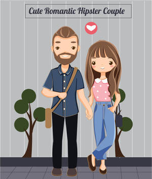 卡通情侶在樹旁牽手，頭頂有一顆心。 — 可愛情侶 GIF 壁紙