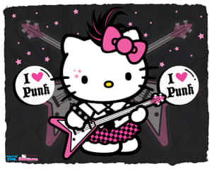 穿著龐克裝扮的Hello Kitty手持結他和I Love Punk標誌。